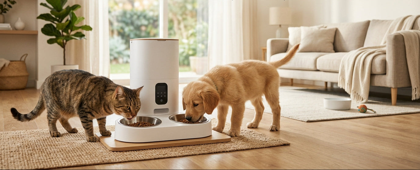 Cat and dog eating from a modern automatic feeder in a living room.